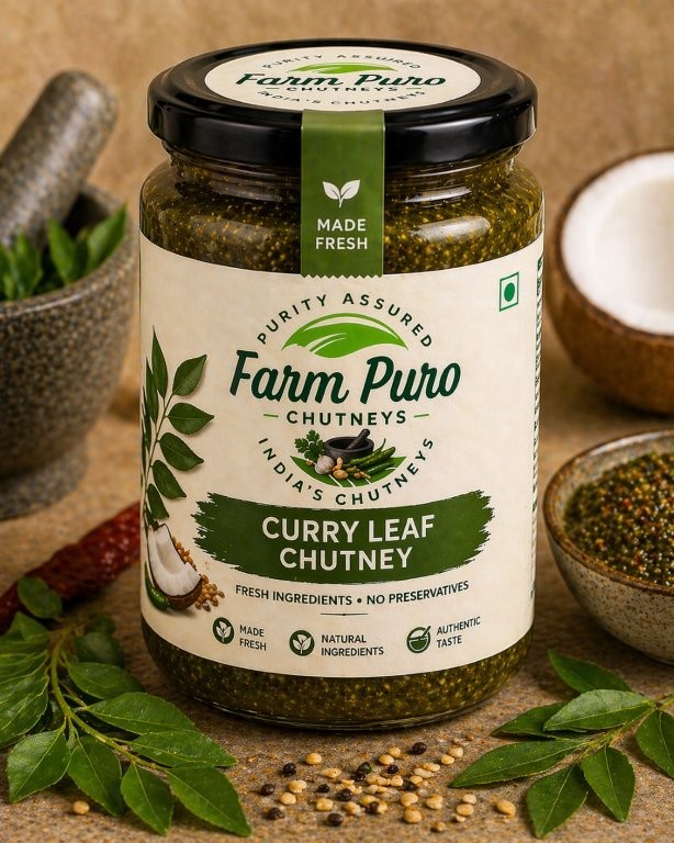 Hand-ground curry leaf chutney with stone mortar